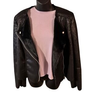 Michael Kors Black Vegan Leather Moto Biker Goth Faux Fur Lining Soft Jacket L